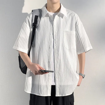 Riolio Summer Short Sleeved Shirt Men Black White Casual Shirts Men Streetwear Loose Pleated Shirts Man Fashion Shirt Large Size 5XL